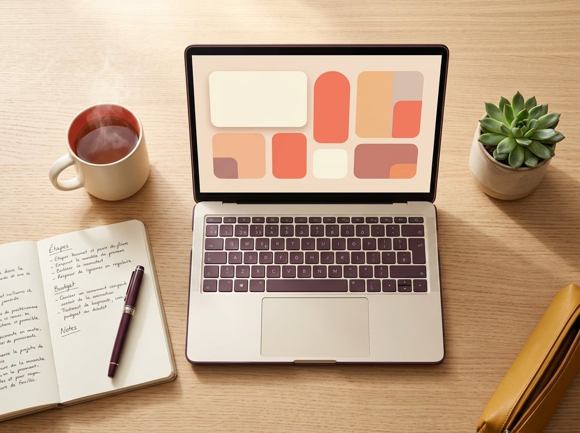 Table lumineuse avec un ordinateur portable ouvert, une tasse de café, un carnet et un stylo, ambiance de préparation calme