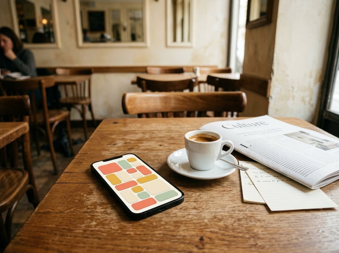 Écran de smartphone posé sur une table lumineuse affichant plusieurs vignettes colorées de jeux de casino, ambiance de café parisien