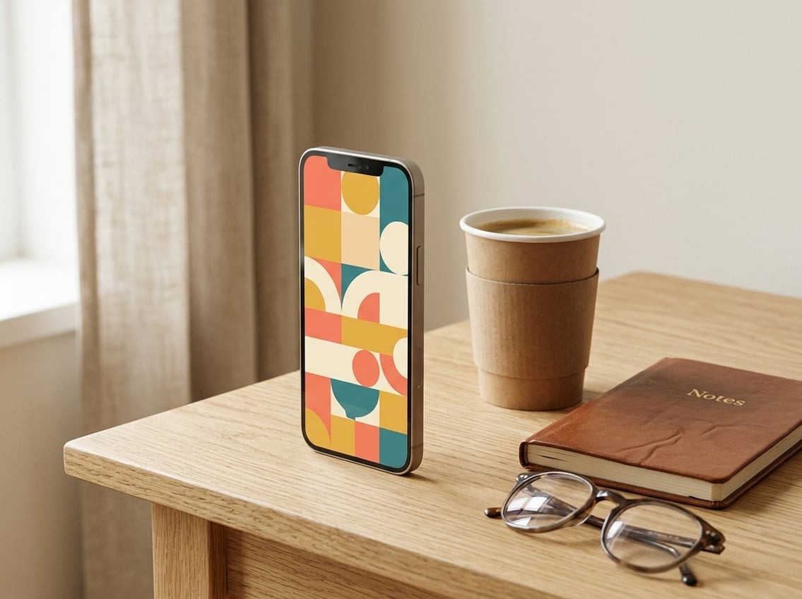 Smartphone posé verticalement sur une table de café en bois clair montrant une interface colorée de jeu de casino, gobelet en carton et carnet à côté