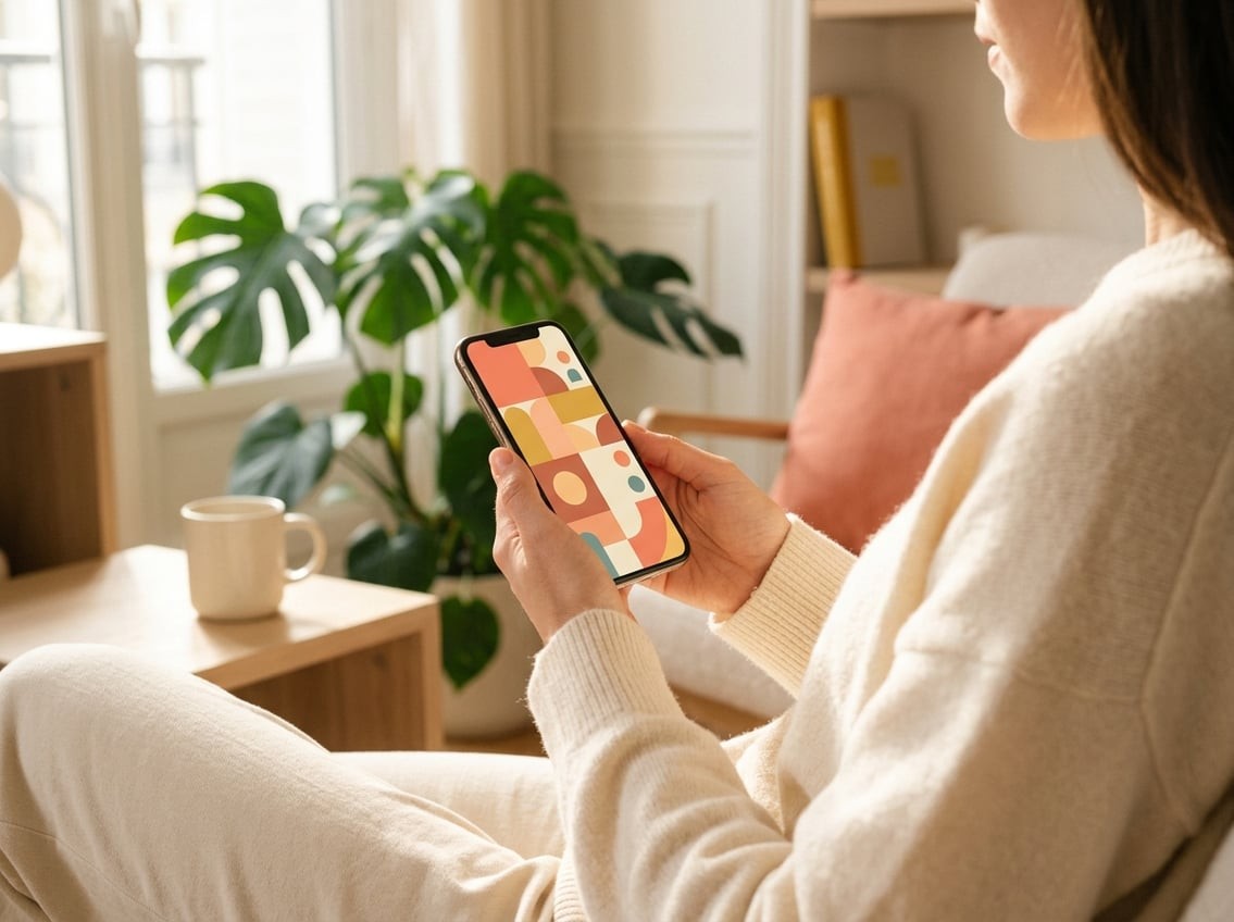 Femme trentenaire tenant un smartphone sur lequel s'affiche une interface de jeu, décor lumineux d'appartement parisien avec plantes et lumière naturelle du matin