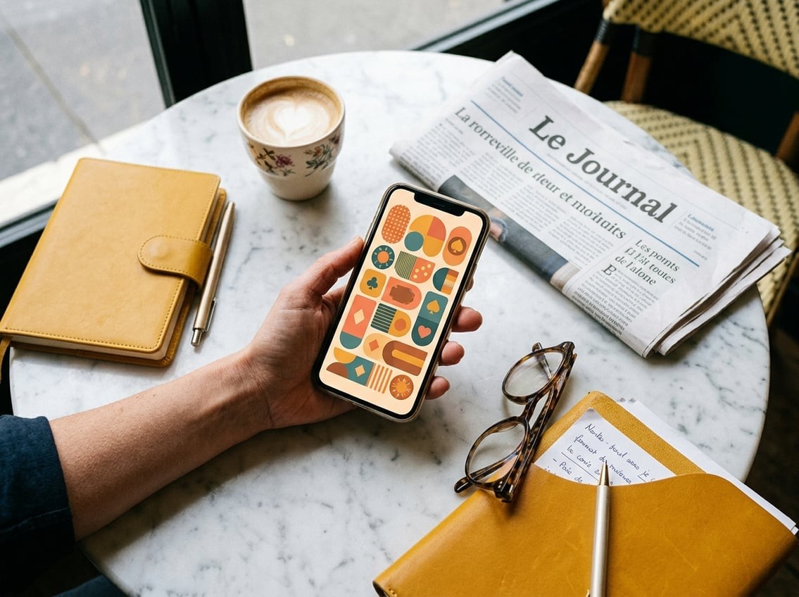 Détail d'une main tenant un smartphone posé sur une table de café en marbre, tasse et carnet à proximité, ambiance lumineuse et matinale
